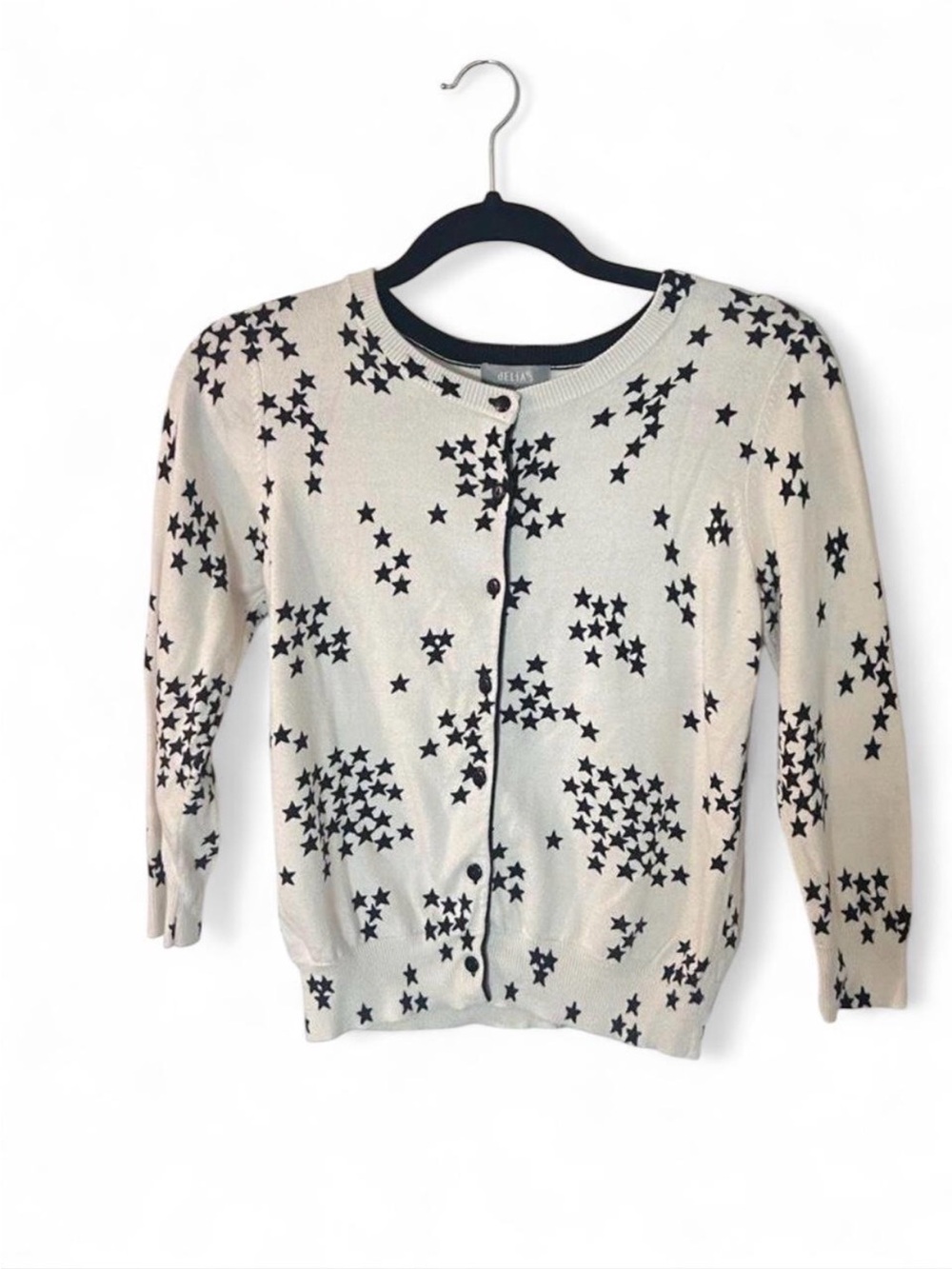 dELiA*s 90’s Black Star Print White Cardigan Sweater Size Medium